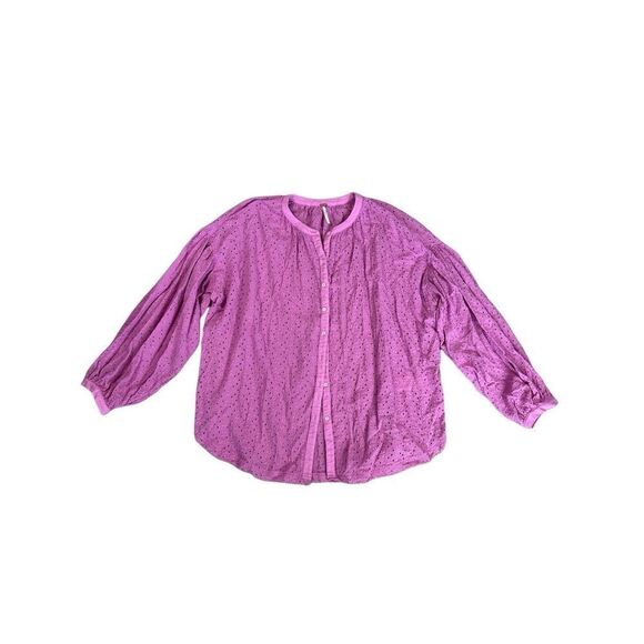 Free People Maddison Eyelet Blouse Orchid L Button Front Long Sleeve Oversized - Picture 5 of 16